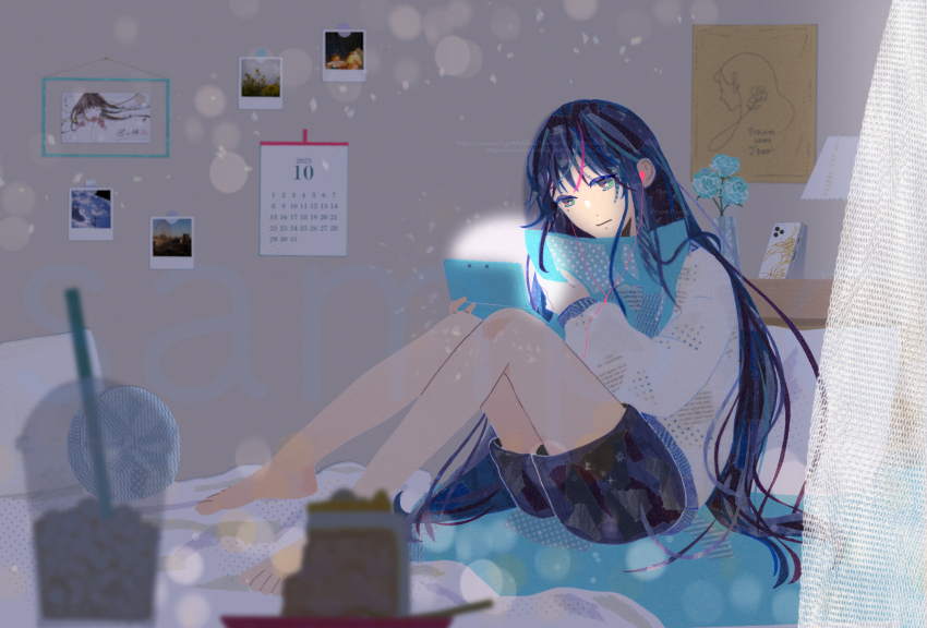 1girl, ado_(utaite), barefoot, blue_eyes, blue_flower, blue_hair, blue_rose, blue_shorts