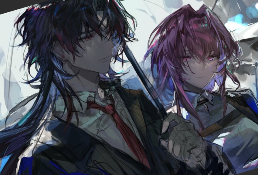 1boy, 1girl, bandaged_hand, bandages, black_hair, blade_(honkai:_star_rail), closed_mouth, earrings