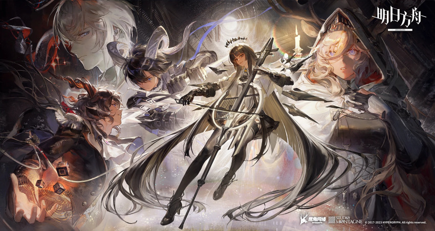 2girls, 3boys, animal_ears, arknights, black_eyes, black_gloves, black_hair, black_halo