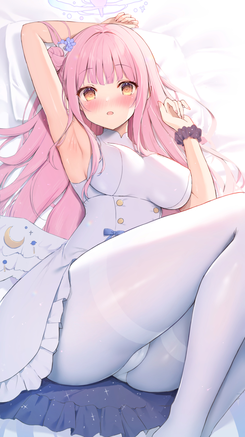 1girl, angel_wings, arm_behind_head, armpits, bare_arms, blue_archive, blue_ribbon, blunt_bangs