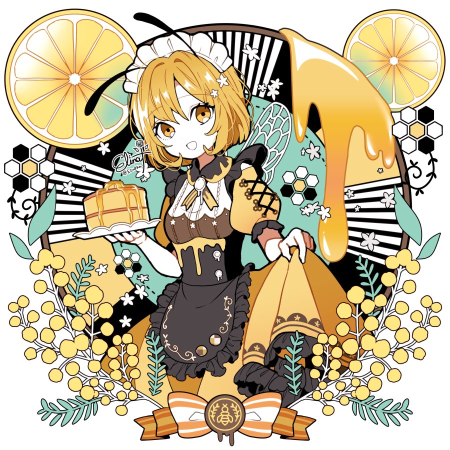 1girl, apron, arthropod_girl, bee_wings, black_apron, blonde_hair, elina_(e2n04n), flower