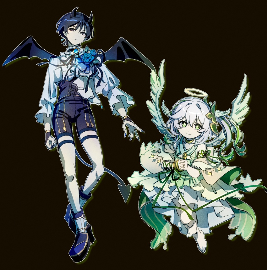 1boy, 1girl, absurdres, angel, angel_wings, black_hair, closed_mouth, demon, demon_boy, demon_horns, demon_tail, dress, full_body, genshin_impact, green_hair, highres, horns, kam_om3, long_sleeves, looking_at_viewer, nahida_(genshin_impact), purple_eyes, scaramouche_(genshin_impact), shirt, side_ponytail, tail, wanderer_(genshin_impact), white_dress, white_hair, white_shirt, wings
