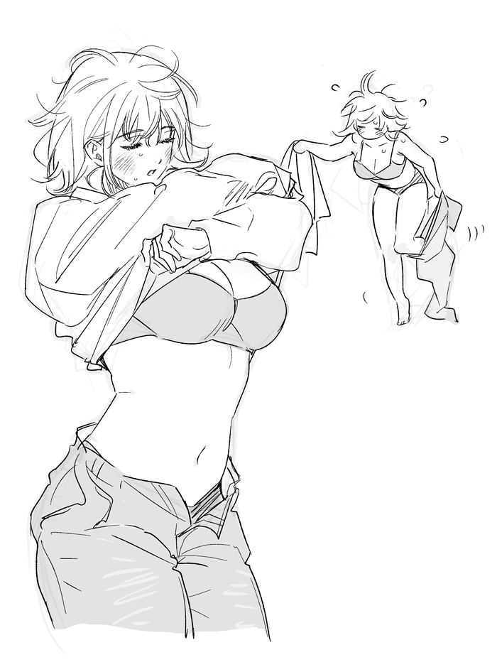 1girl, dungeon_meshi, falin_touden, monochrome, multiple_views, navel, sweat, undressing