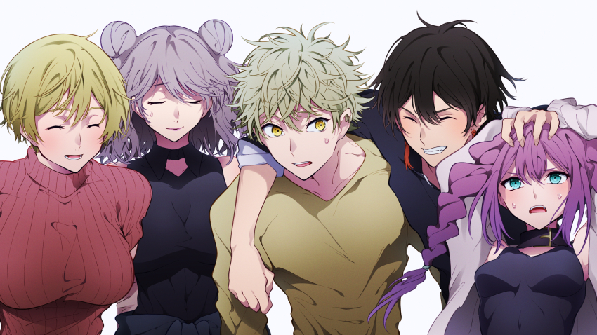 2boys, 3girls, aizawa_ayano, black_hair, black_shirt, blue_eyes, blue_period, breasts, character_request, closed_eyes, double_bun, earrings, hair_bun, hand_on_another's_head, igasamon, jewelry, large_breasts, miki_kinemi, multiple_boys, multiple_girls, murai_yakumo, purple_hair, red_sweater, ribbed_sweater, shirt, simple_background, small_breasts, sweatdrop, sweater, white_background, yaguchi_yatora, yellow_eyes