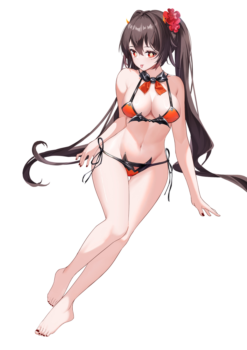 1girl, :p, absurdres, bare_arms, bare_legs, bare_shoulders, barefoot, bikini, black_hair, breasts, candy_shunya, commentary, flower, genshin_impact, hair_flower, hair_ornament, highres, hu_tao_(genshin_impact), large_breasts, long_hair, looking_at_viewer, navel, orange_bikini, red_eyes, red_flower, simple_background, solo, stomach, swimsuit, thighs, tongue, tongue_out, twintails, very_long_hair, white_background