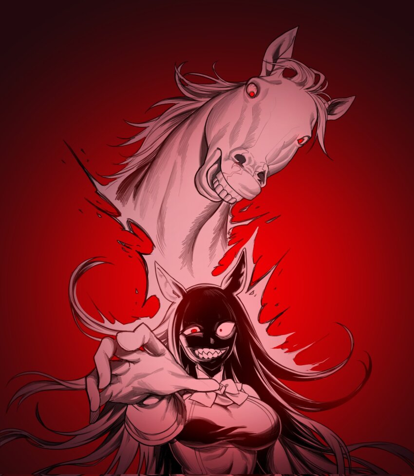 1girl, animal_ears, aura, bow, bowtie, commentary, crazy_eyes, creature_and_personification, english_commentary, foreshortening, fukuro_(maruaru00), gloves, gold_ship_(racehorse), gold_ship_(umamusume), gradient_background, head_tilt, hellsing, highres, hirano_kouta_(style), horse, horse_ears, horse_girl, long_hair, missing_headwear, parody, personification, rape_face, reaching, reaching_towards_viewer, real_life, red_background, red_eyes, red_theme, sharp_teeth, style_parody, teeth, umamusume, uneven_eyes