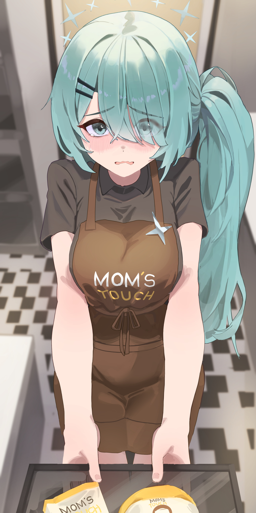 1girl, absurdres, apron, black_shirt, blue_archive, blush, breasts, brown_apron