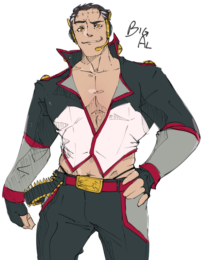 1boy, bara, big_al, brown_hair, cropped_jacket, feet_out_of_frame, headphones, headset