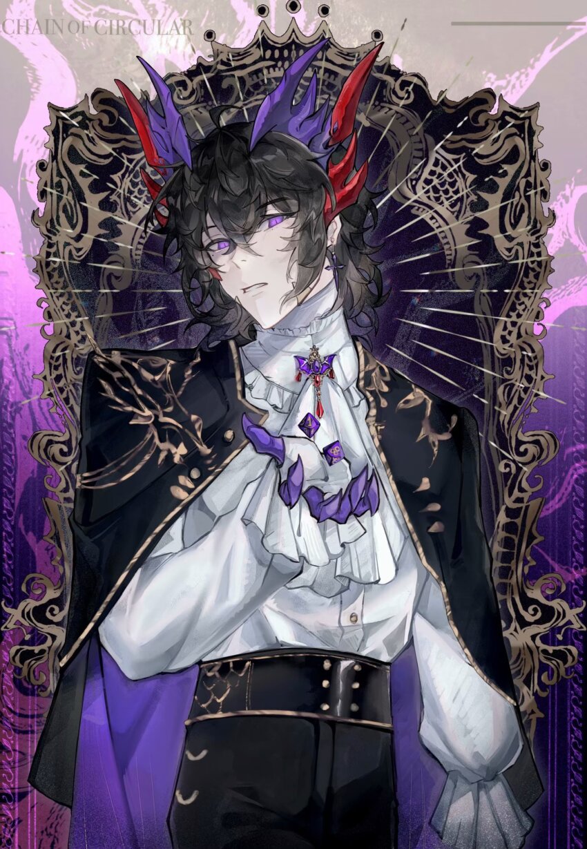 1boy, black_capelet, black_hair, black_pants, brooch, cape, capelet, cross