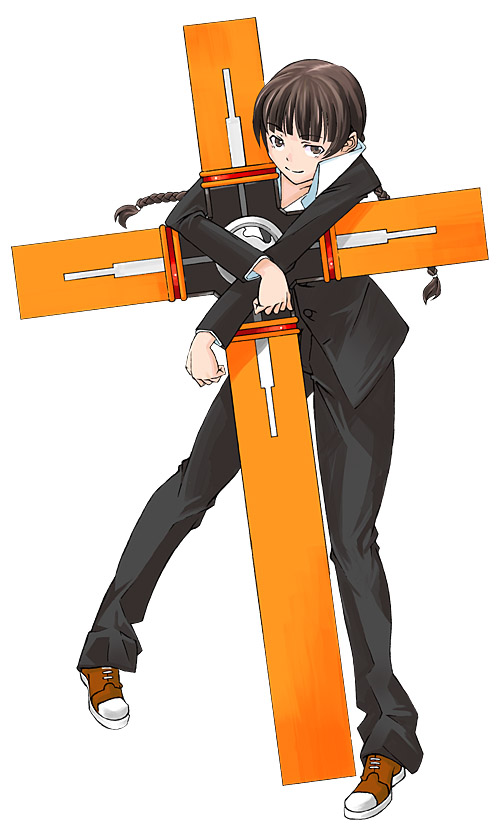 1girl, araki_yuuya, blunt_bangs, braid, brown_hair, cosplay, cross, crossover