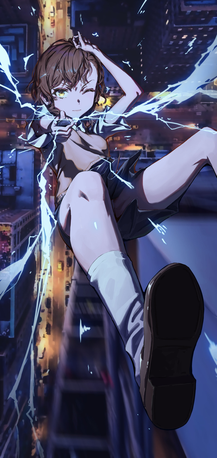 1girl, absurdres, aiming, aiming_at_viewer, brown_eyes, brown_footwear, brown_hair, brown_sweater_vest