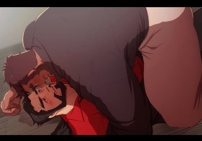 2boys, all_fours, bara, beard, blush, brown_hair, collared_shirt, couple