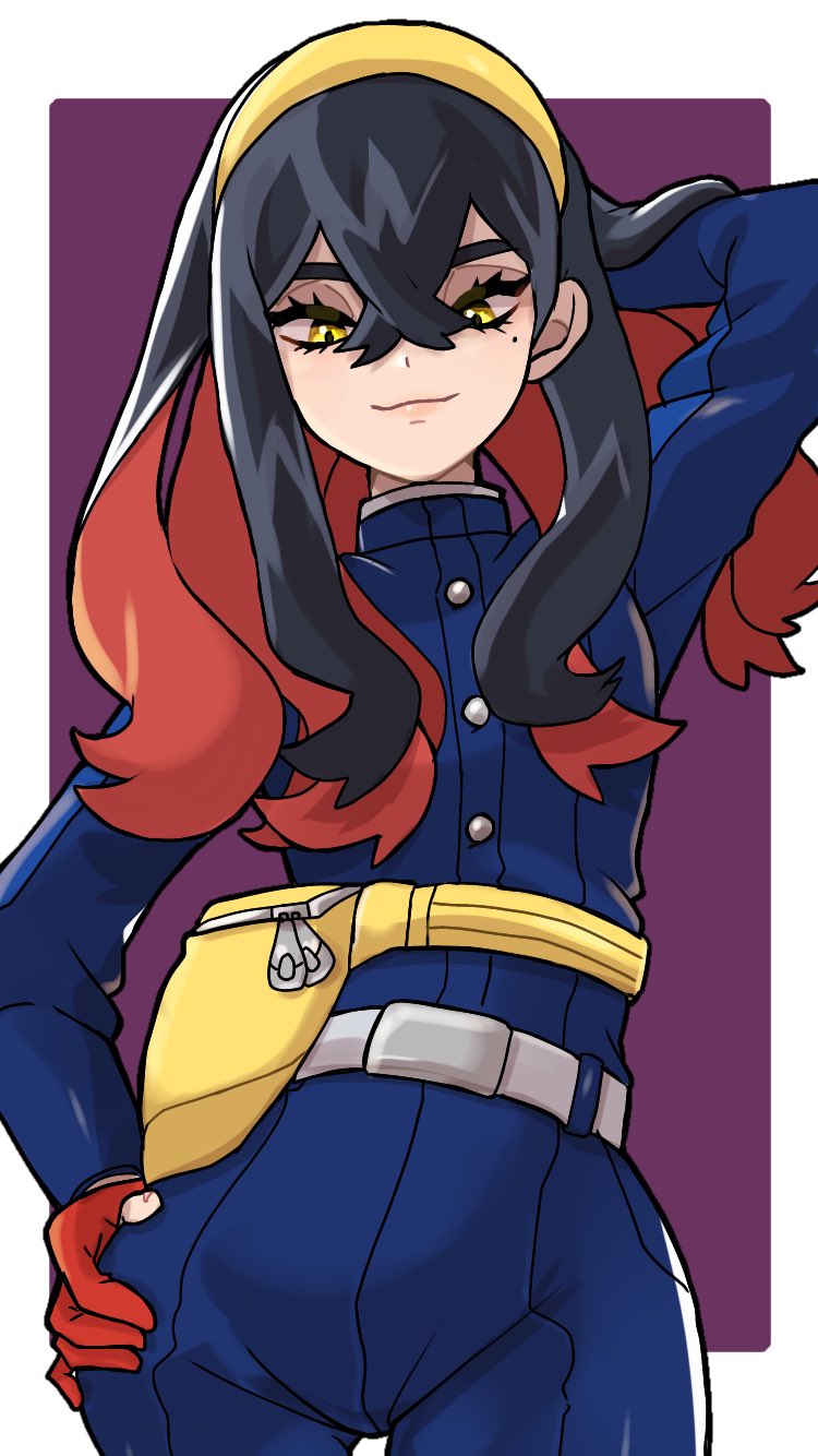 1girl, arm_up, belt, belt_buckle, black_hair, blue_jacket, blue_pants, border