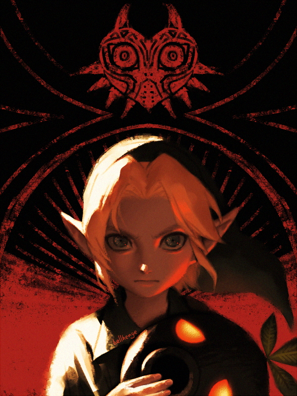 1boy, artist_name, bellhenge, black_background, black_shirt, blonde_hair, blue_eyes, closed_mouth