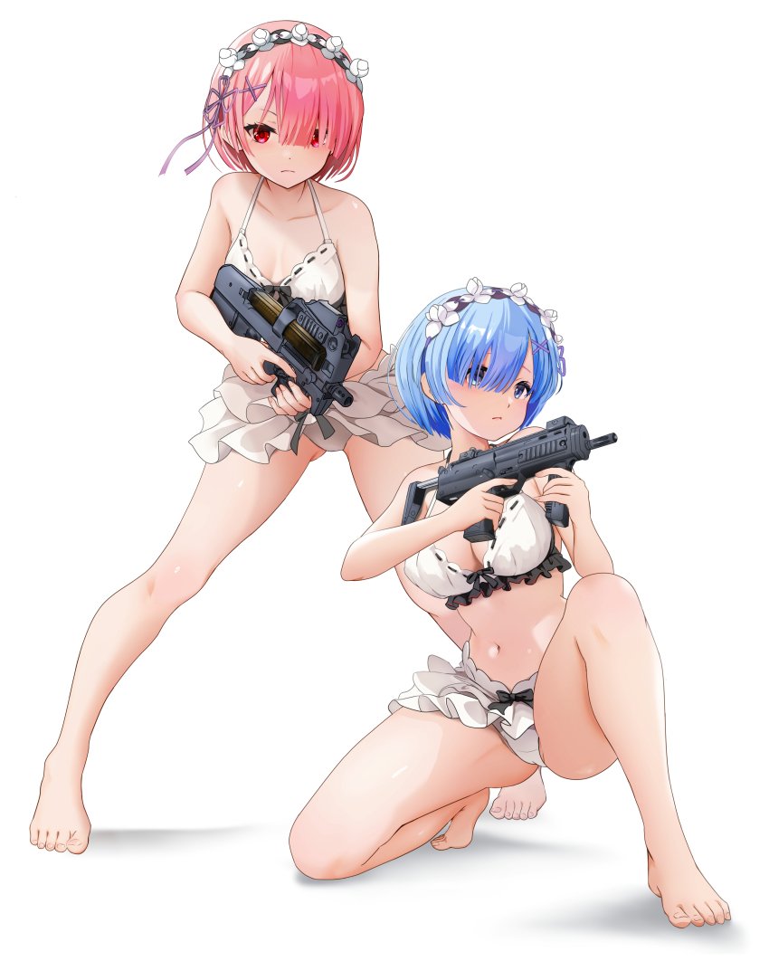 2girls, absurdres, alternate_costume, bare_shoulders, barefoot, bikini, blue_eyes, blue_hair