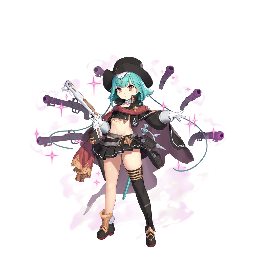 1girl, black_thighhighs, expressionless, female_focus, full_body, girls_creation, green_hair, gun