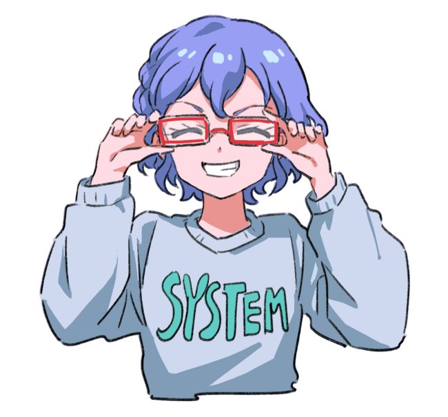 1girl, ^_^, akai_meganee, bespectacled, blue_hair, closed_eyes, clothes_writing, cropped_torso