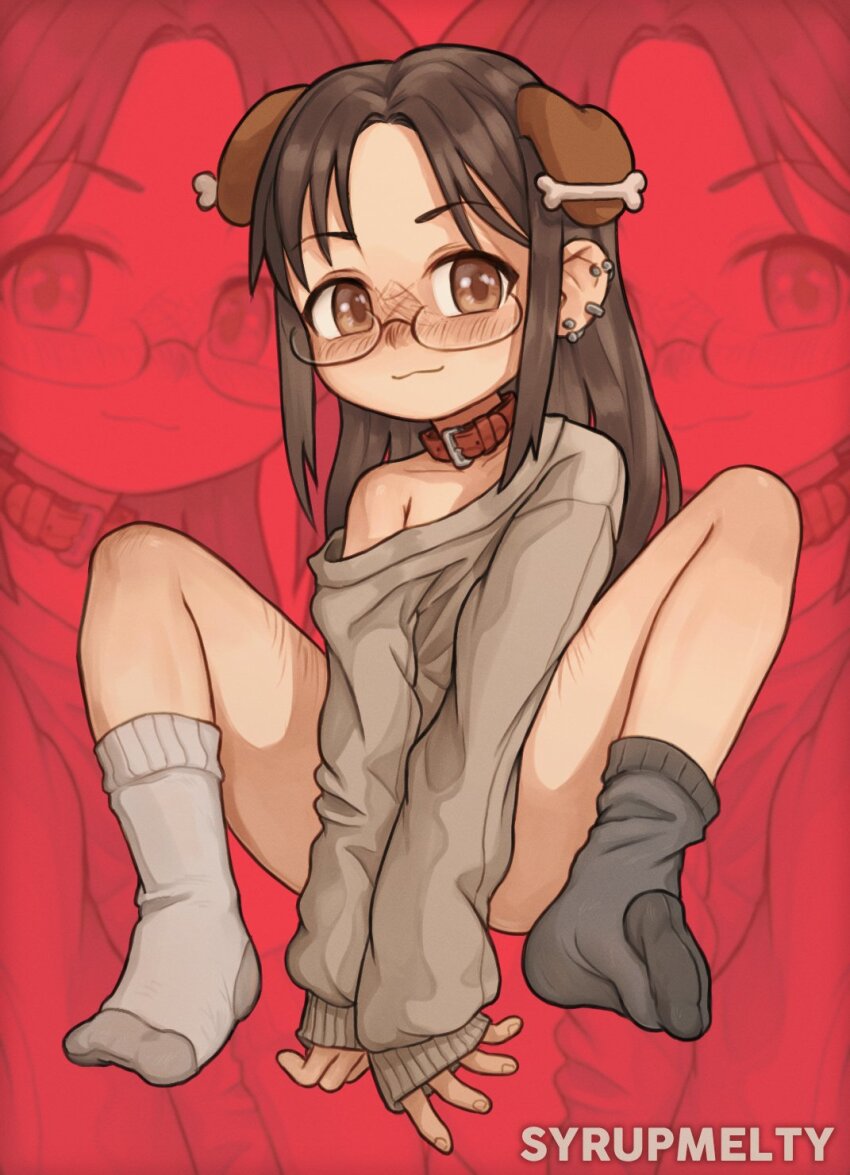 1girl, animal_collar, animal_ears, arms_between_legs, asymmetrical_footwear, bone_hair_ornament, brown_eyes, brown_hair