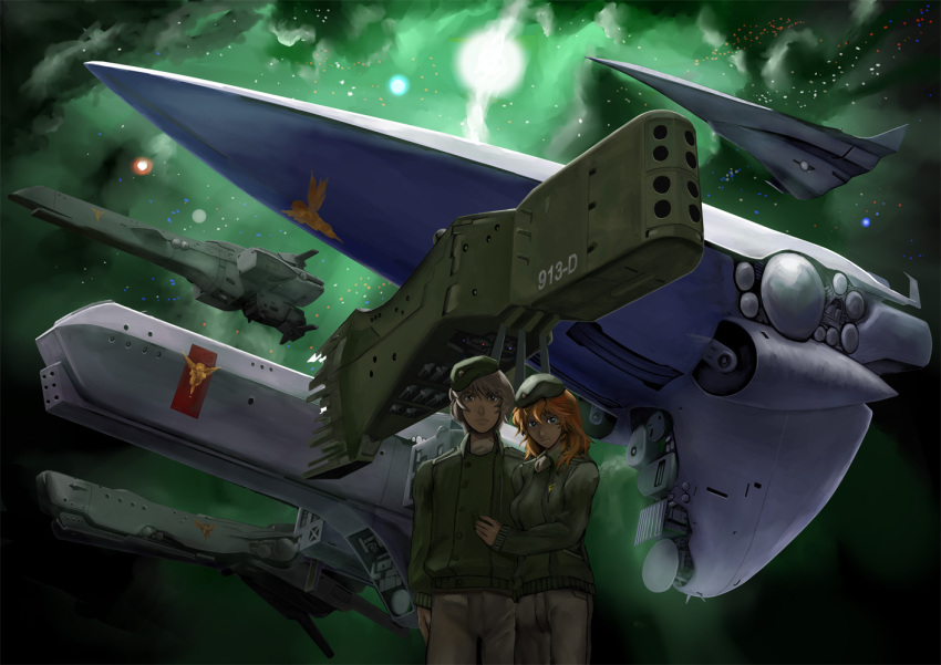 1boy, 1girl, 640mb, battleship, beret, blue_eyes, brown_hair, character_request, couple, ginga_eiyuu_densetsu, hat, hetero, julian_mintz, katerose_von_kreutzer, katerose_von_kruetzer, military, military_uniform, military_vehicle, orange_hair, ship, space, spacecraft, warship, watercraft
