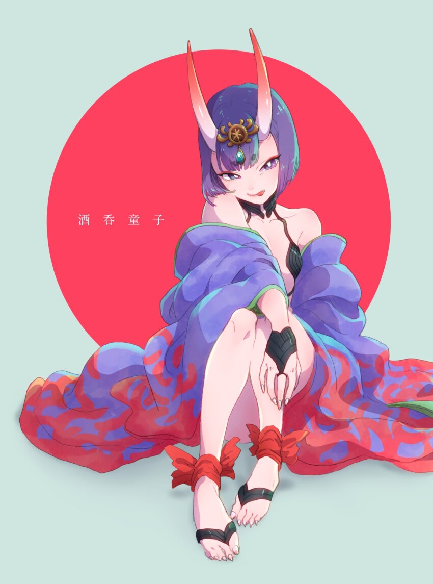 1girl, bob_cut, breasts, character_name, commentary_request, fate/grand_order, fate_(series), fingernails, full_body, hair_ornament, highres, horns, purple_eyes, purple_hair, purple_robe, revealing_clothes, robe, sharp_fingernails, sharp_toenails, shuten_douji_(fate), sitting, skin-covered_horns, small_breasts, solo, toenails, tongue, tongue_out, yonchi