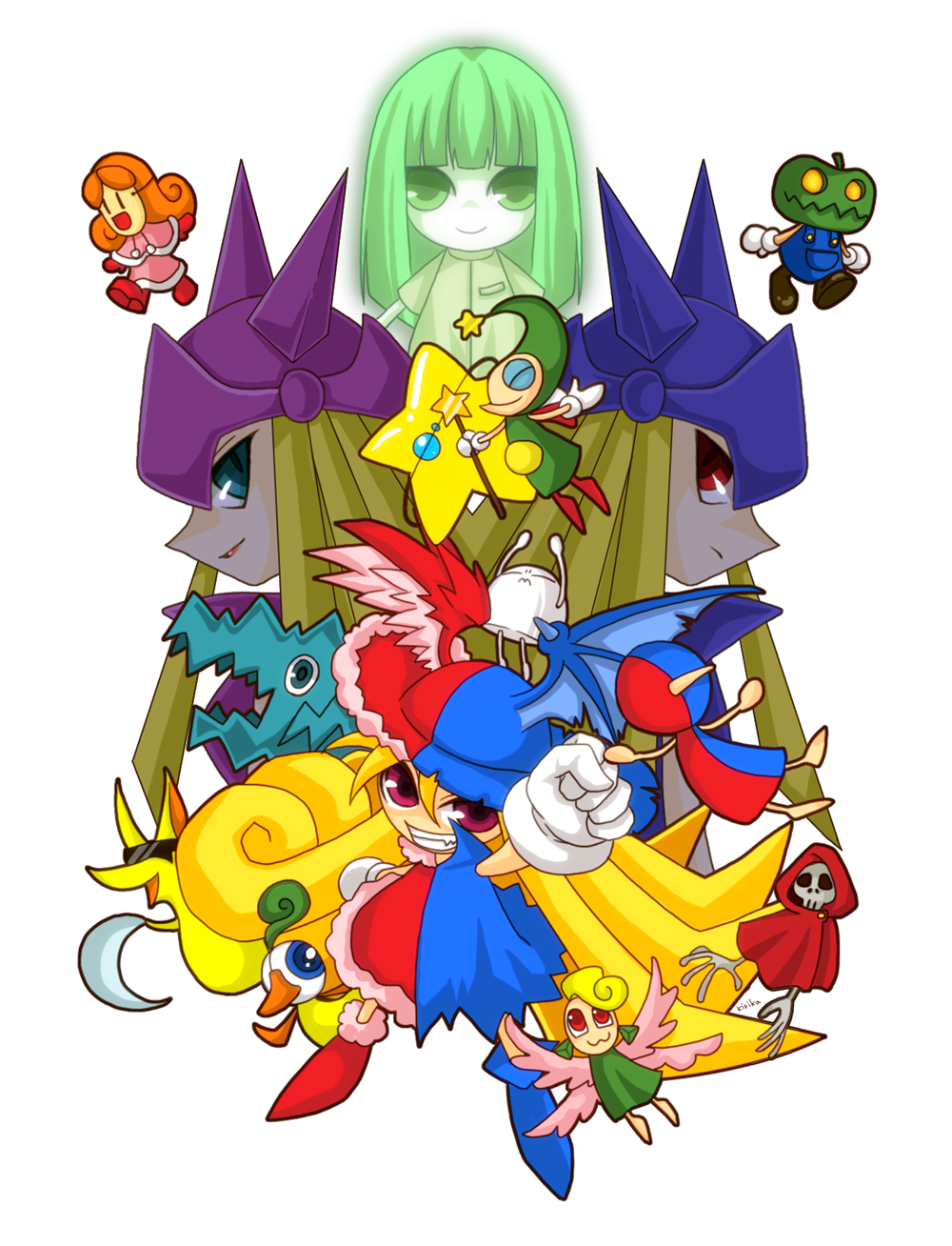 1boy, 3girls, androgynous, artist_request, asymmetrical_clothes, asymmetrical_wings, blonde_hair, blue_eyes, bug, clenched_hand, clod, closed_eyes, gloves, green_eyes, green_hair, grin, hat, head_wings, highres, kitika, long_hair, multiple_girls, no_nose, purple_eyes, raised_fist, red_eyes, shyna_nera_shyna, silhouette_mirage, simple_background, sinna_neutlarva_sinner, smile, white_background, white_gloves, wings, zohar_(silhouette_mirage)