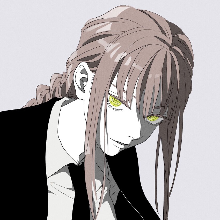 1girl, black_jacket, black_necktie, braid, breasts, brown_hair, chainsaw_man, commentary_request