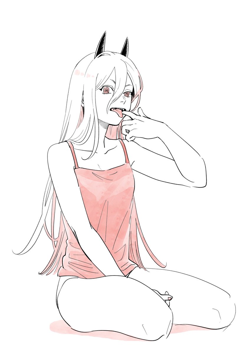 1girl, chainsaw_man, commentary_request, cross-shaped_pupils, fangs, hair_between_eyes, highres, horns, long_hair, mouth_pull, panties, power_(chainsaw_man), red_tank_top, sharp_teeth, sitting, solo, symbol-shaped_pupils, tank_top, teeth, tongue, tongue_out, underwear, yokozuwari, yonchi