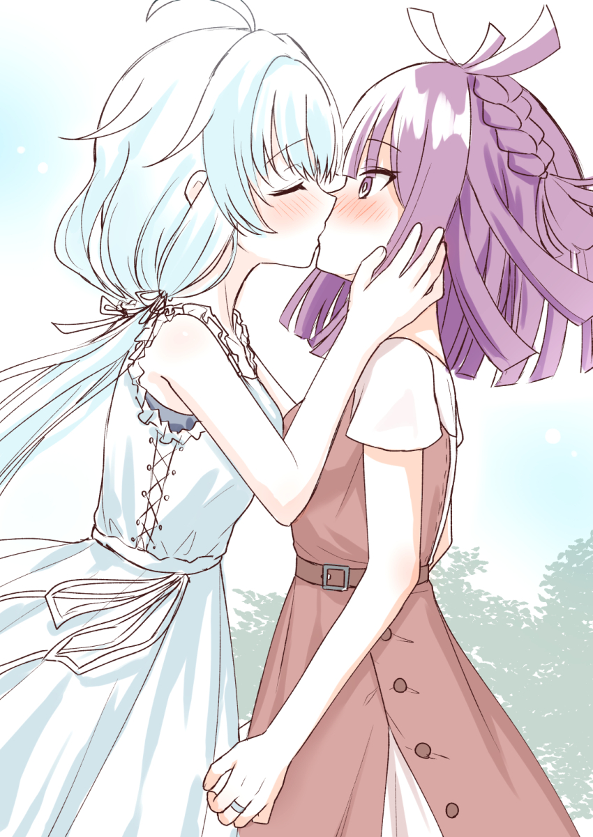 2girls, ahoge, antenna_hair, arm_at_side, belt, blue_dress, blue_hair, blunt_ends, blush, braid, brown_belt, buttons, closed_eyes, cowboy_shot, cross-laced_clothes, cross-laced_dress, dress, from_side, hair_ribbon, hand_on_another's_face, highres, jewelry, kiss, magia_record:_mahou_shoujo_madoka_magica_gaiden, mahou_shoujo_madoka_magica, medium_hair, multiple_girls, profile, purple_hair, red_dress, ribbon, ring, sarasa_hanna, sena_mikoto, side_braid, surprised, suzugahama, twintails, yuri