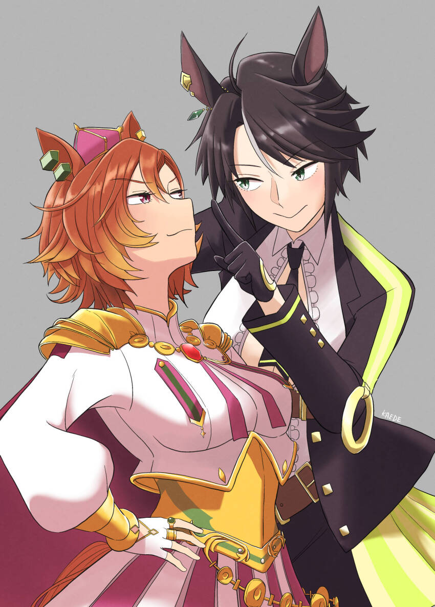 2girls, absurdres, ahoge, animal_ears, bashauma_kaede, black_hair, breasts, brown_hair