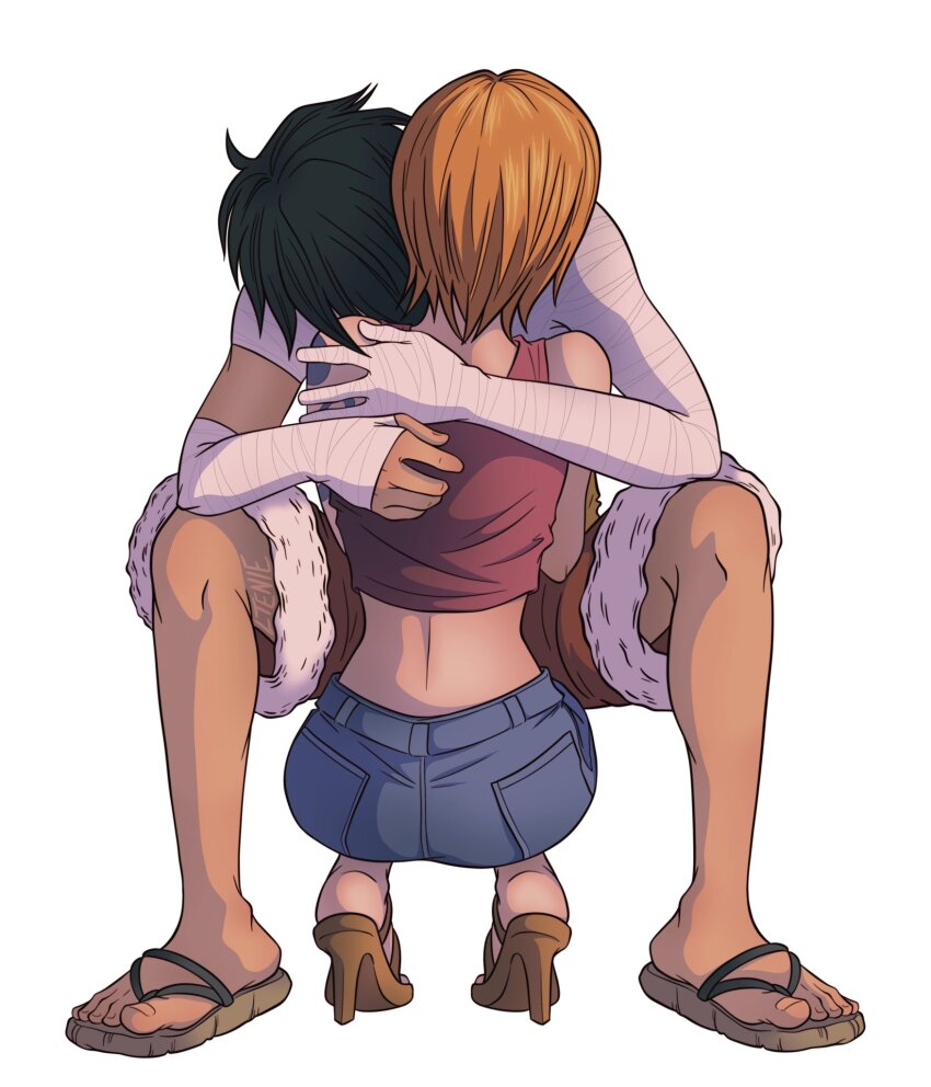 1boy, 1girl, bandages, black_hair, comforting, couple, crop_top, high_heels