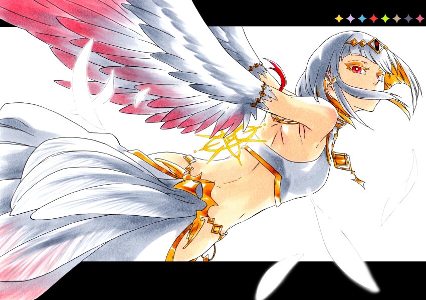 absurdres, armpit_crease, black_border, border, breasts, bright_pupils, clothing_cutout, colored_eyelashes, cottage_project, covered_mouth, earrings, eyeliner, feathered_wings, feathers, floating_hair, halterneck, harpy, highres, hip_vent, jewelry, ken'ichi_(ken1ro_u), looking_at_viewer, makeup, mangu_nito, monster_girl, multicolored_hair, multicolored_wings, necklace, outstretched_arm, red_eyes, small_breasts, tiara, two-tone_hair, virtual_youtuber, white_background, white_hair, white_pupils, wings