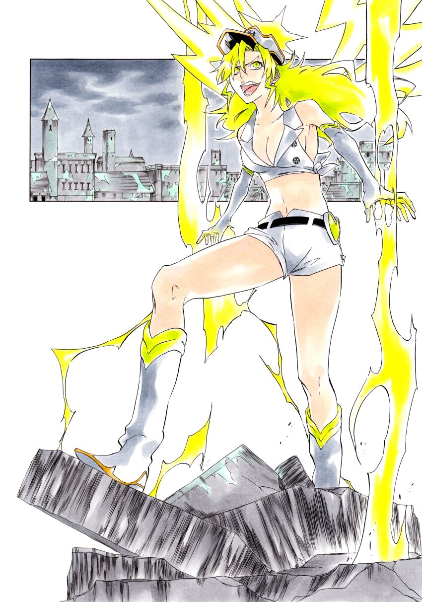 1girl, absurdres, belt, bleach, bleach:_sennen_kessen-hen, boots, breasts, candice_catnipp, cityscape, cleavage, cloud, cloudy_sky, collarbone, crop_top, elbow_gloves, electricity, electrokinesis, energy_wings, gloves, green_eyes, green_hair, halo, hat, heart-shaped_ornament, highres, ken'ichi_(ken1ro_u), lightning, long_hair, medium_breasts, military_hat, open_mouth, quincy_(bleach), rubble, short_shorts, shorts, sky, solo, sternritter, vollstandig, white_boots, white_shorts, wings, yellow_halo, yellow_lightning