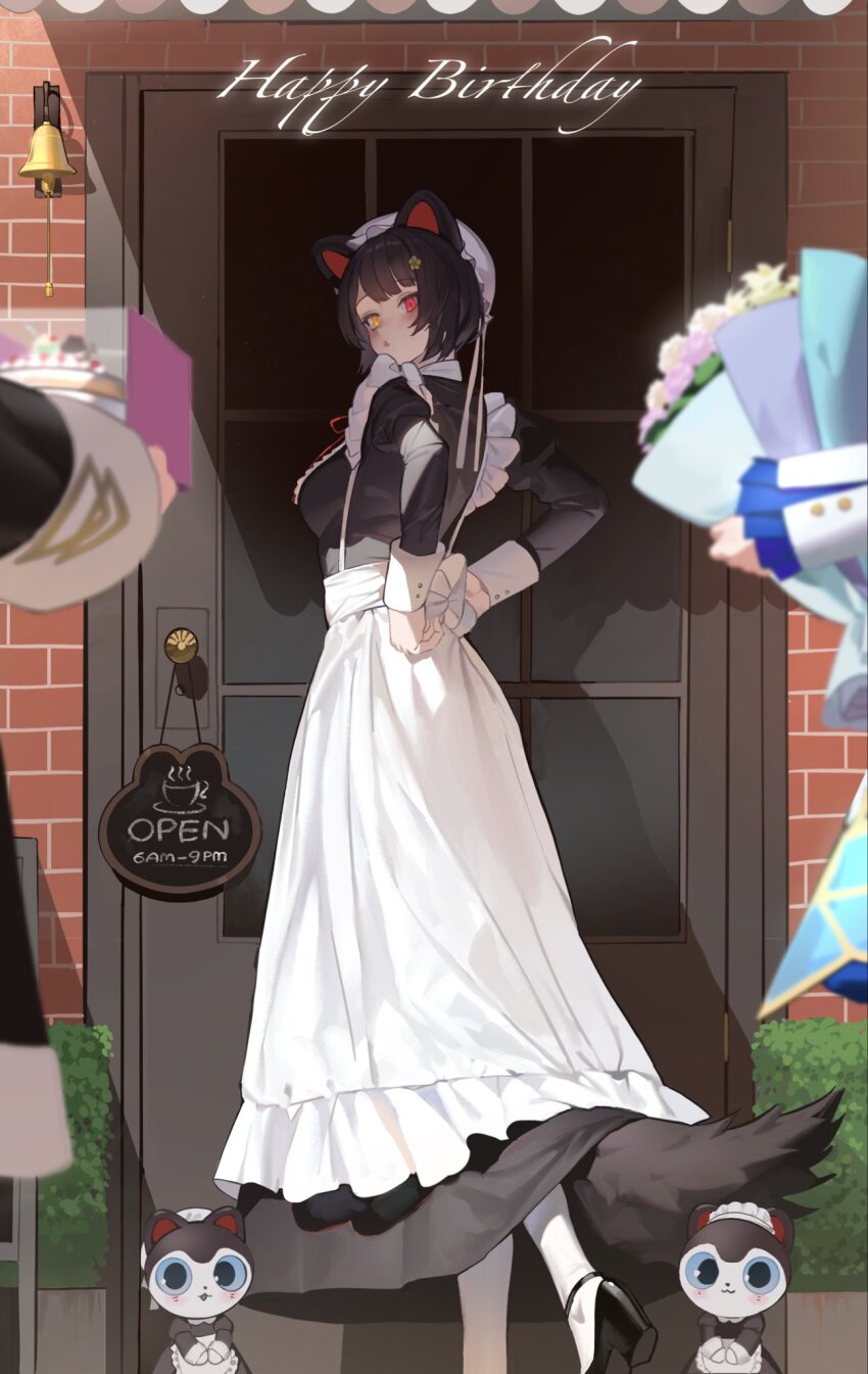 3girls, adjusting_apron, ange_katrina, ange_katrina_(1st_costume), animal_ears, apron, black_dress, black_hair