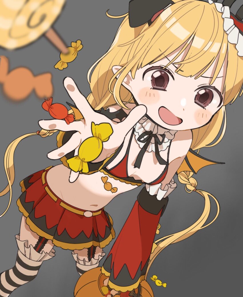 1girl, bat_wings, bikini, bikini_top_only, blonde_hair, blush_stickers, breasts, brown_eyes, candy, detached_sleeves, food, futaba_anzu, garter_straps, grey_background, highres, idolmaster, idolmaster_cinderella_girls, long_hair, looking_at_viewer, low_twintails, miniskirt, navel, open_mouth, pointy_ears, simple_background, skirt, sks_(s3_rosquilla), small_breasts, smile, solo, striped_clothes, striped_thighhighs, swimsuit, thighhighs, throwing, twintails, very_long_hair, wings