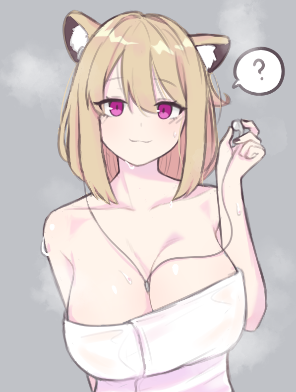 10_(xknn5488), 1girl, ?, animal_ear_fluff, animal_ears, arknights, blonde_hair, breasts, cleavage, earbuds, earphones, grey_background, large_breasts, looking_at_viewer, naked_towel, purple_eyes, short_hair, simple_background, smile, solo, spoken_question_mark, towel, upper_body, utage_(arknights), wet