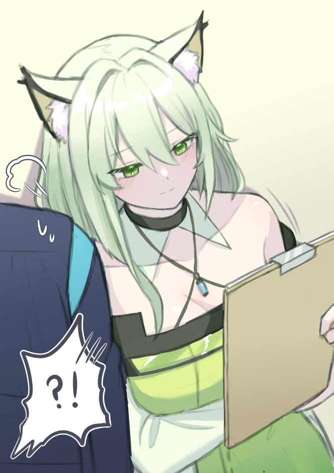 !?, 10_(xknn5488), 1girl, 1other, animal_ear_fluff, animal_ears, arknights, blush