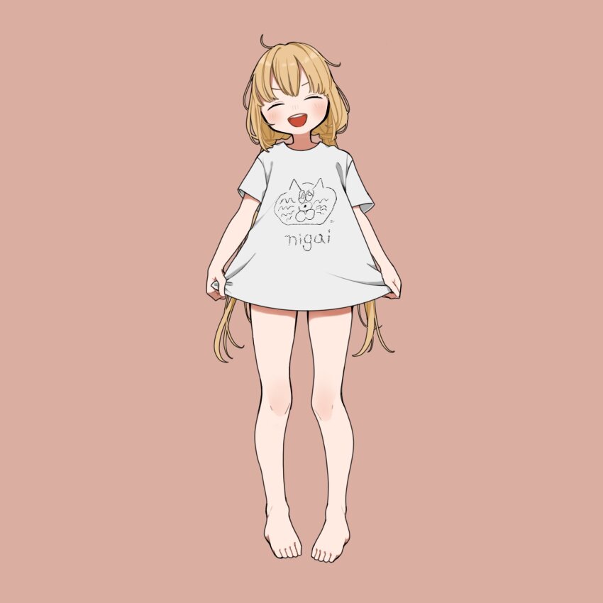 1girl, bare_legs, barefoot, blonde_hair, blush, brown_background, cat, closed_eyes