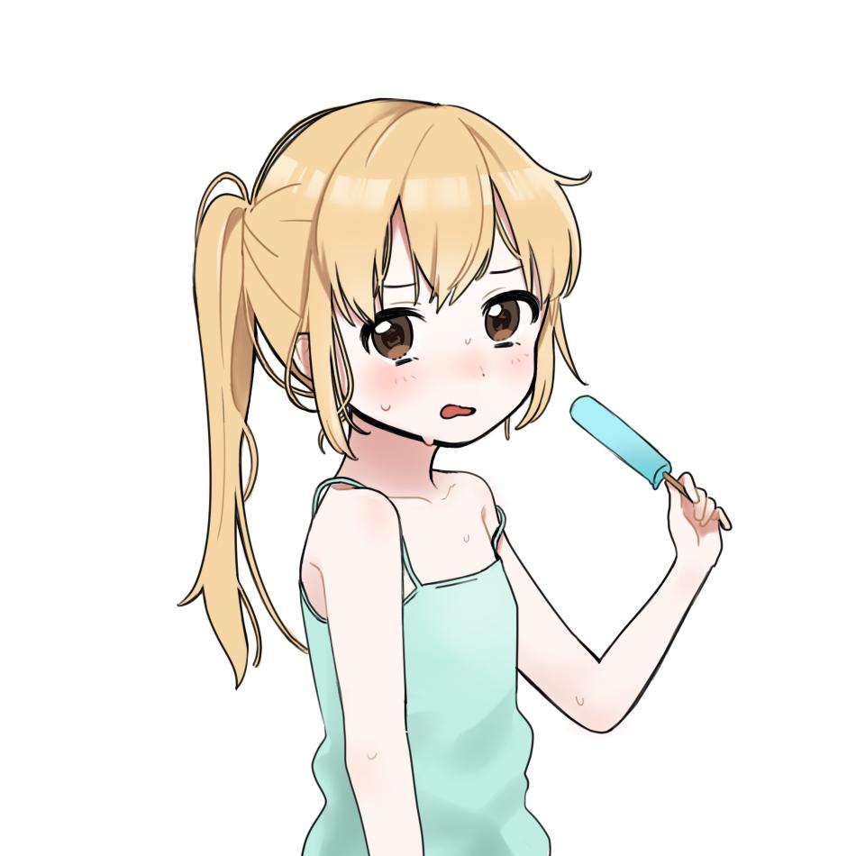 1girl, bare_shoulders, blonde_hair, blue_camisole, blush, brown_eyes, camisole, commentary, english_commentary, flat_chest, food, futaba_anzu, holding, holding_food, holding_popsicle, hot, idolmaster, idolmaster_cinderella_girls, looking_at_viewer, open_mouth, ponytail, popsicle, simple_background, sketch, sks_(s3_rosquilla), solo, sweat, sweatdrop, upper_body, white_background