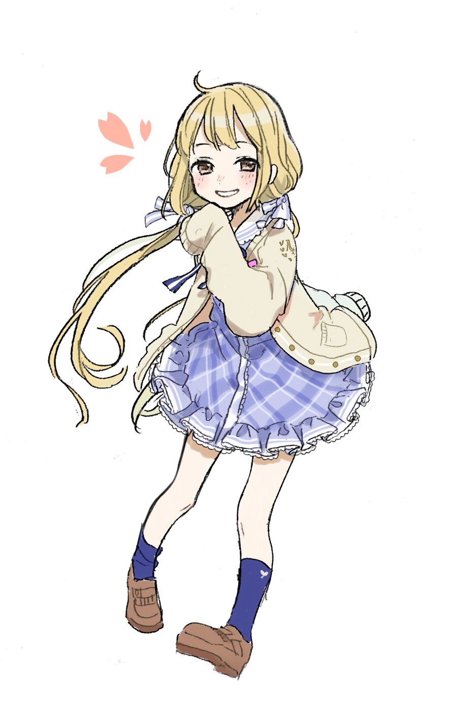 1girl, blonde_hair, blue_dress, blue_socks, blush, brown_eyes, brown_footwear, cardigan