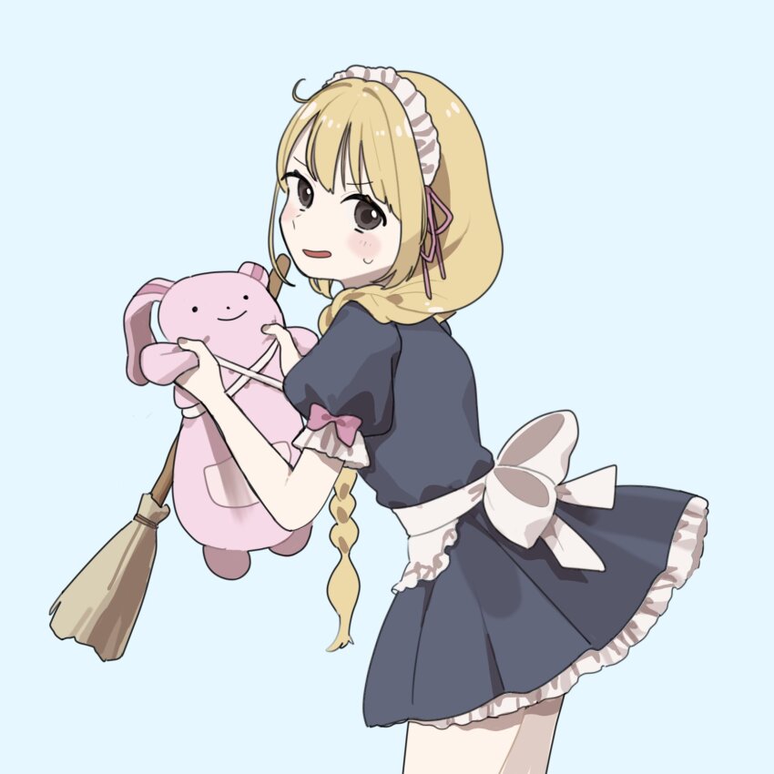 1girl, apron, aqua_background, black_dress, black_eyes, blonde_hair, blush_stickers, broom