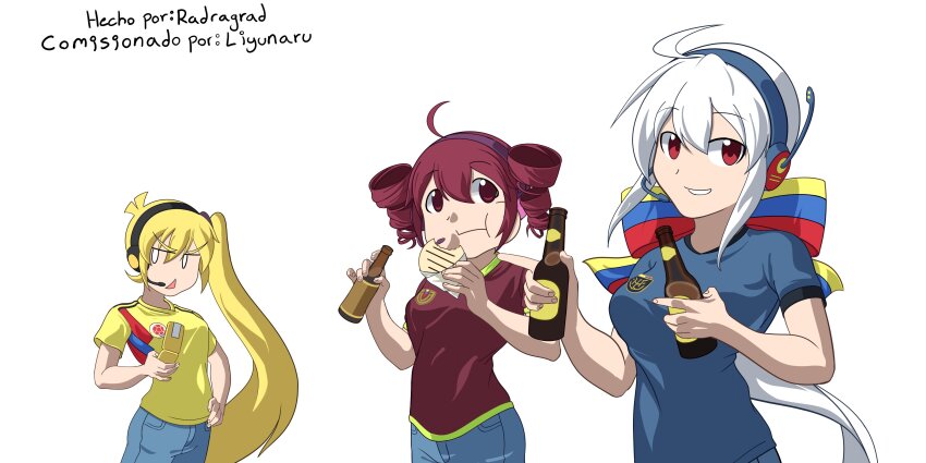 3girls, absurdres, akita_neru, arepa, beer_bottle, blonde_hair, cellphone, colombia, commission, eating, ecuador, flip_phone, grin, hair_ribbon, headset, highres, kasane_teto, low_ponytail, multiple_girls, phone, ponytail, radragrad, red_eyes, red_hair, ribbon, side_ponytail, smile, soccer_uniform, spanish_text, sportswear, utau, venezuela, venezuelan_flag, vocaloid, white_hair, yowane_haku