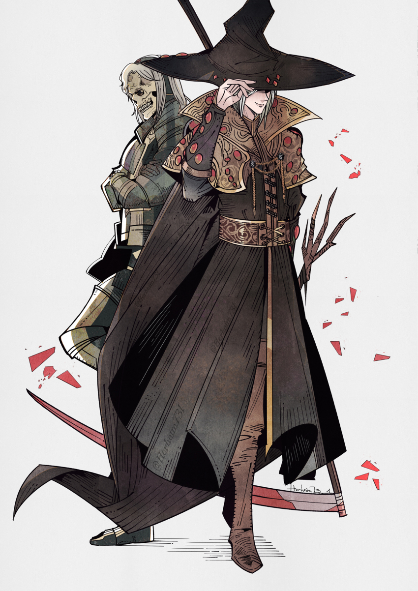 armor, black_coat, boots, brown_footwear, capelet, coat, cross-laced_clothes, crossed_arms