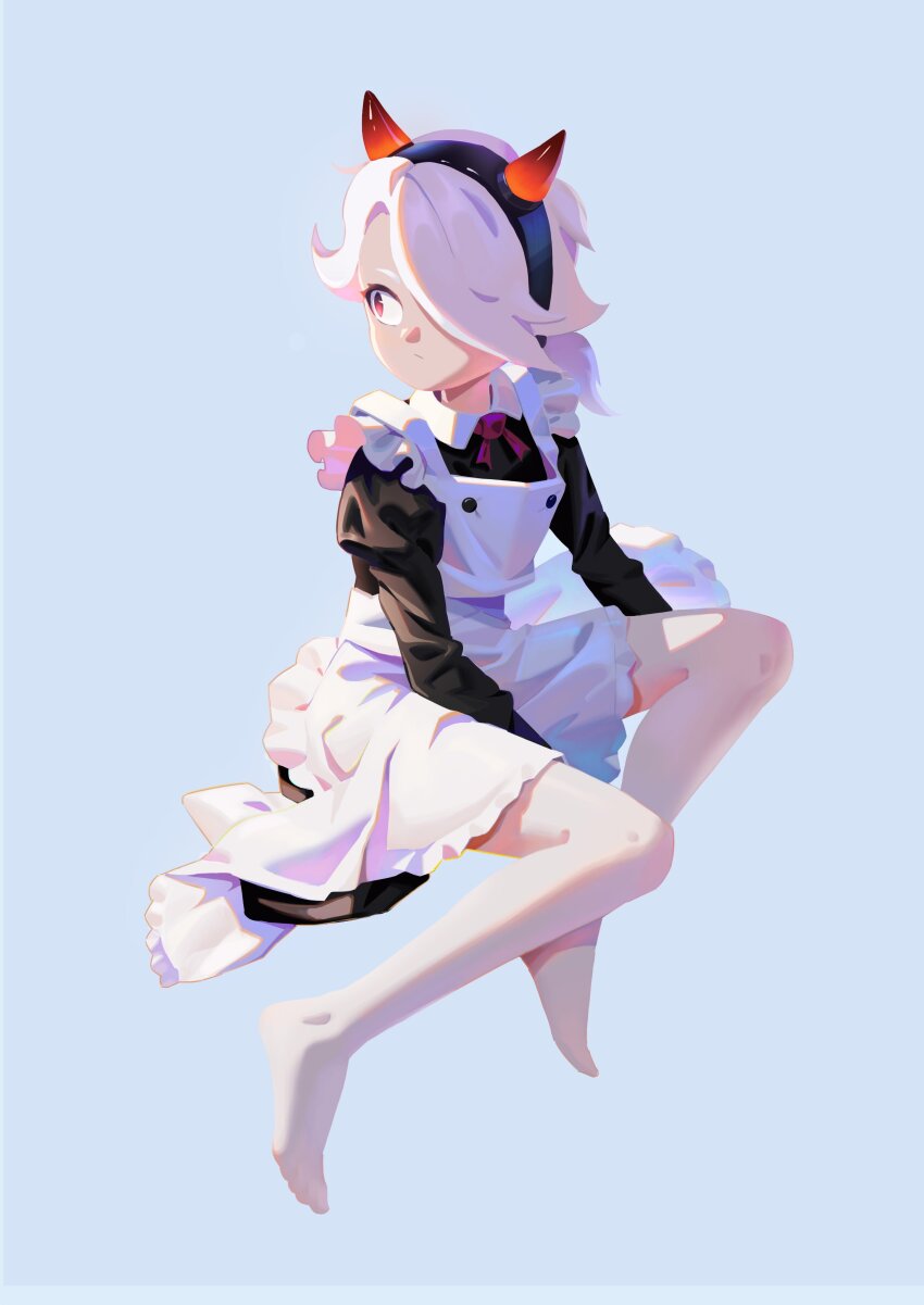 1girl, absurdres, apron, barefoot, between_legs, black_dress, bow, bowtie