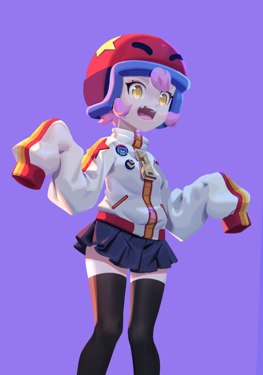 absurdres, badge, black_thighhighs, bonnie_(brawl_stars), brawl_stars, button_badge, helmet, highres, jacket, jy_kokoro, long_sleeves, missing_tooth, open_mouth, pink_hair, pleated_skirt, purple_background, simple_background, skirt, sleeves_past_fingers, sleeves_past_wrists, teeth, thighhighs, upper_teeth_only, yellow_eyes, zipper_pull_tab
