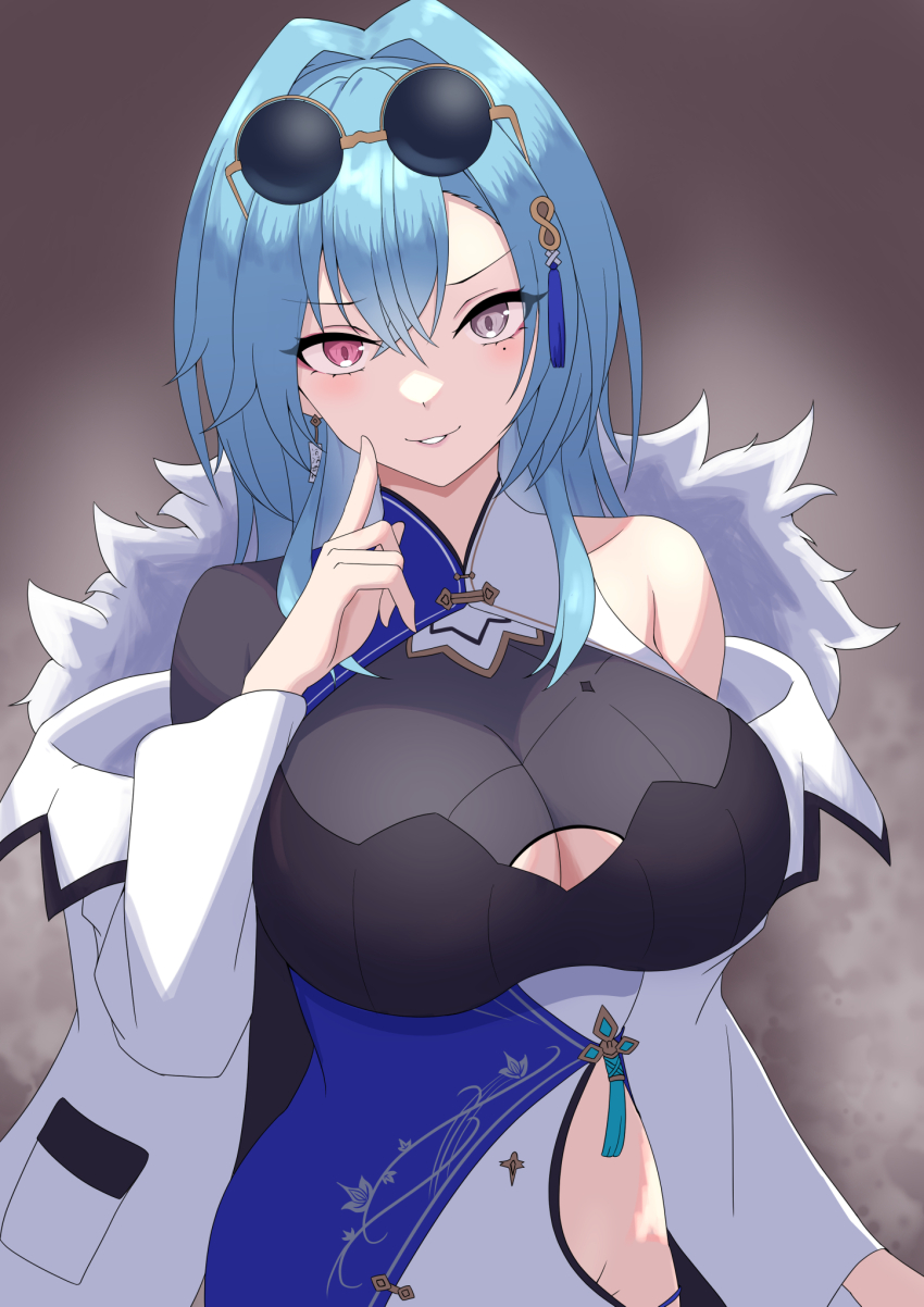 1girl, aogiri_koukou, blue_dress, blue_hair, breasts, china_dress, chinese_clothes, cleavage