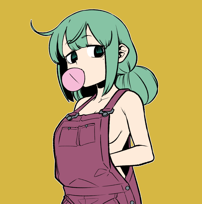 1girl, araga_kiwi, blowing_bubble_gum, blowing_bubbles, breasts, chewing_gum, double_bun, green_eyes, green_hair, hair_bun, looking_at_viewer, mahou_shoujo_ni_akogarete, medium_breasts, mole, mole_under_eye, no_shirt, ononaka_akihiro, sideboob, simple_background, solo
