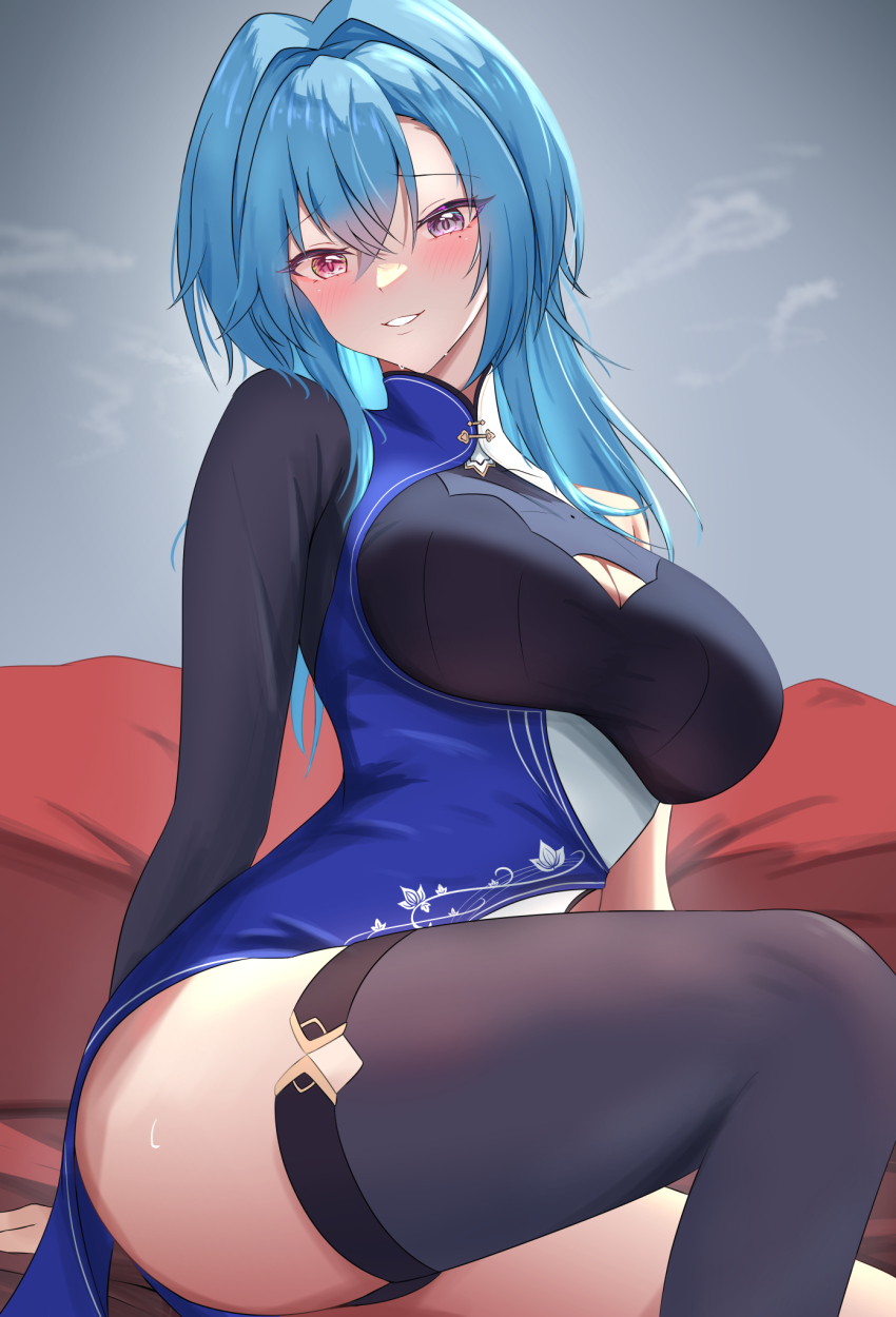 1girl, aogiri_koukou, ass, blue_dress, blue_hair, blush, breasts, china_dress