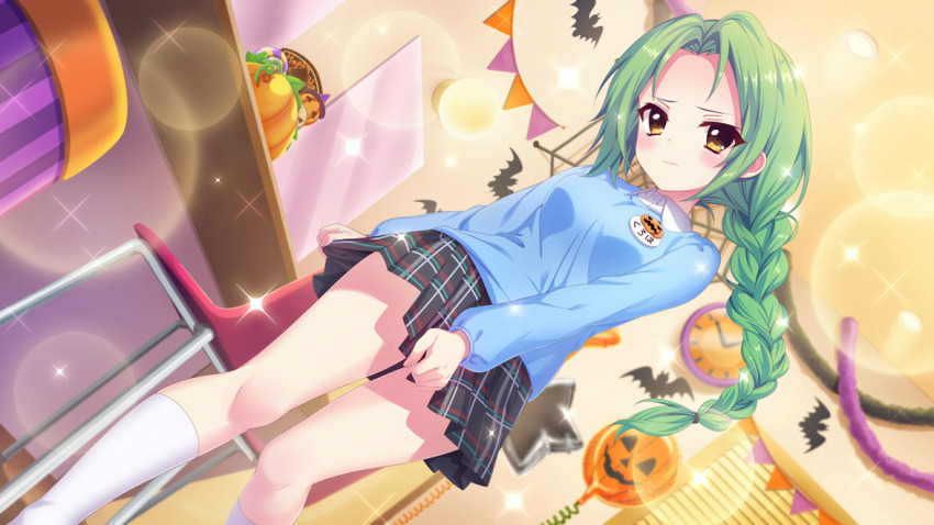 1girl, analog_clock, balloon, bat_(animal), blush, braid, breasts, chair