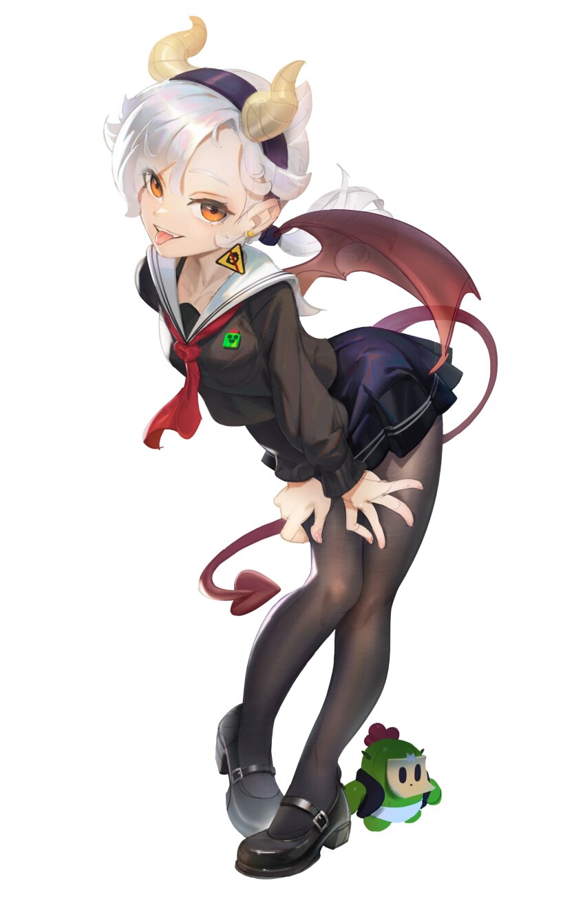 absurdres, badge, black_footwear, black_pantyhose, button_badge, cactus, colette_(brawl_stars), demon_horns