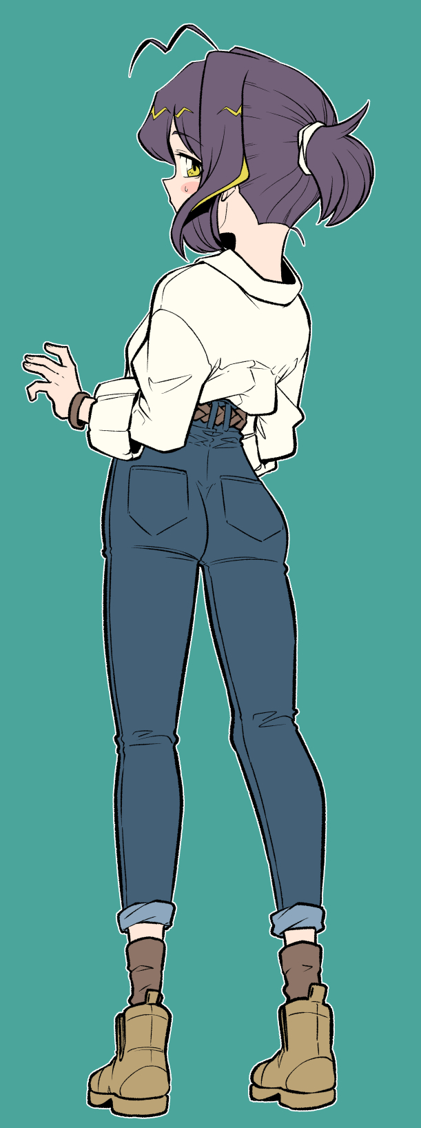 1girl, ahoge, belt, black_hair, blue_pants, boots, from_behind, highres, hiiragi_utena, looking_at_viewer, looking_back, mahou_shoujo_ni_akogarete, nape, ononaka_akihiro, pants, ponytail, shirt, short_ponytail, simple_background, solo, white_shirt, yellow_eyes